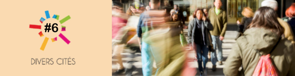 bannière représentant le logo divers cités et personnes marchant dans la rue